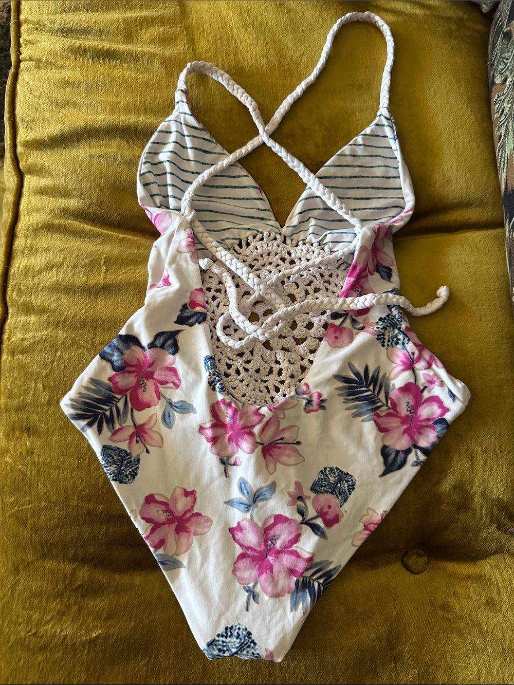 Frankie’s Reversible Striped/Floral Crochet One-Piece Swimsuit - Pink & Blue - Picture 3 of 4